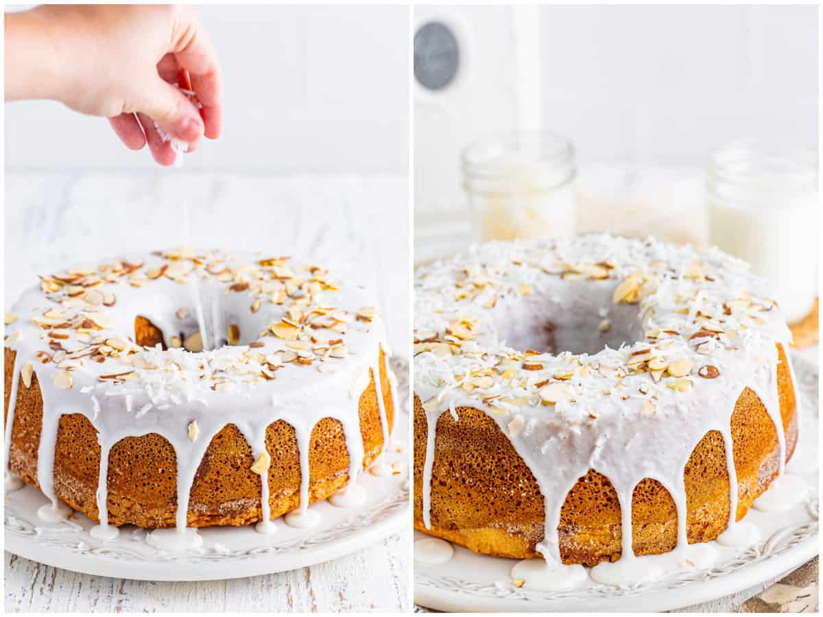 collage of two photos: a hand shown sprinkling sweetened coconut flakes on top of glazed cake; finished cake shown on a white serving plate. 