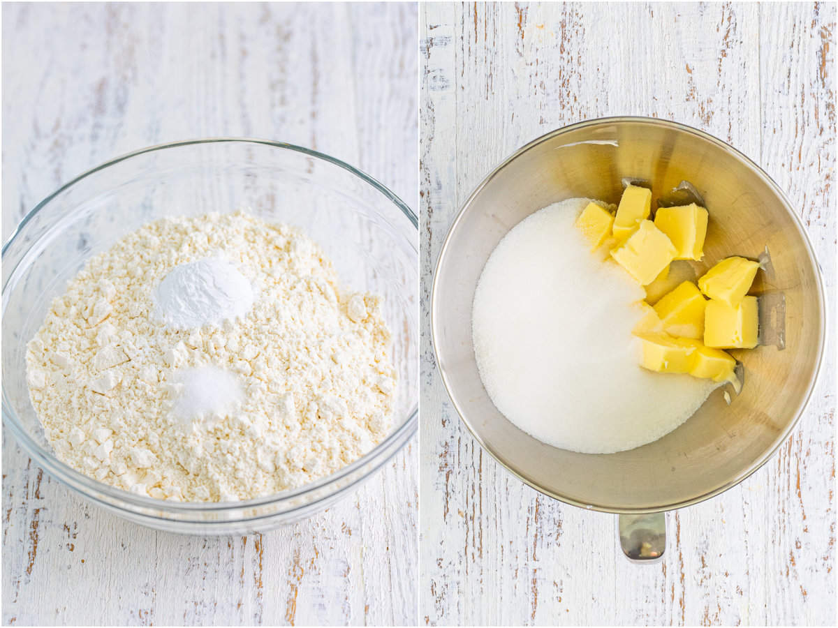a collage of two photos: flour, baking powder and salt in a clear bowl; cubed butter and sugar in a stand mixer bowl. 