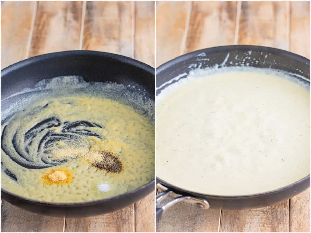 a collage of two photos: a skillet with melted butter and spices; a mixture of flour, heavy cream, melted butter and spices in a skillet. 