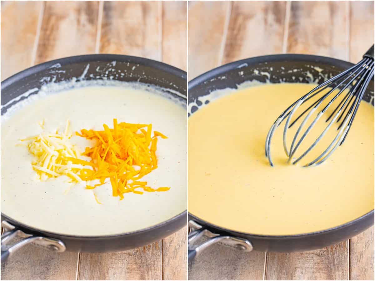 a collage of two photos: two types of cheese added to the milk mixture in the skillet; a whisk smoothing out the cheese sauce in the skillet. 