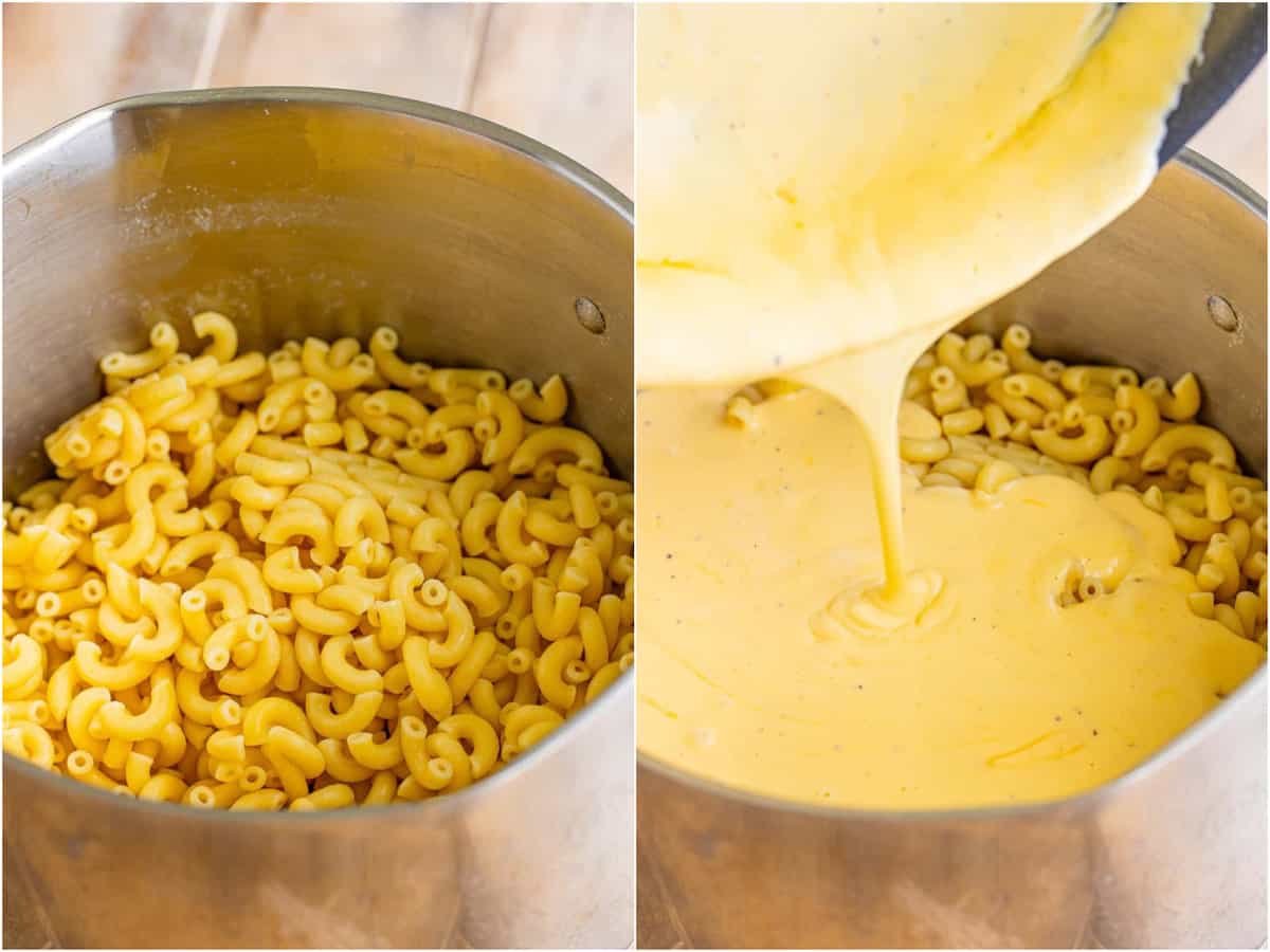 a collage of two photos: cooked macaroni noodles in a large pot; cheese sauce being poured over the cooked noodles in the pot. 