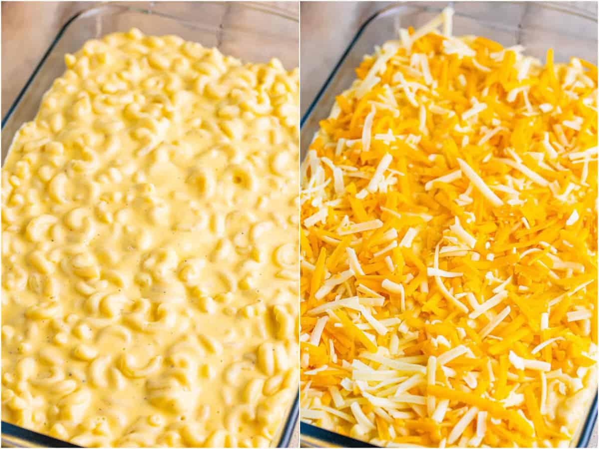 a collage of two photos: macaroni and cheese mixture in a clear baking dish; shredded cheese covering Mac and cheese mixture. 