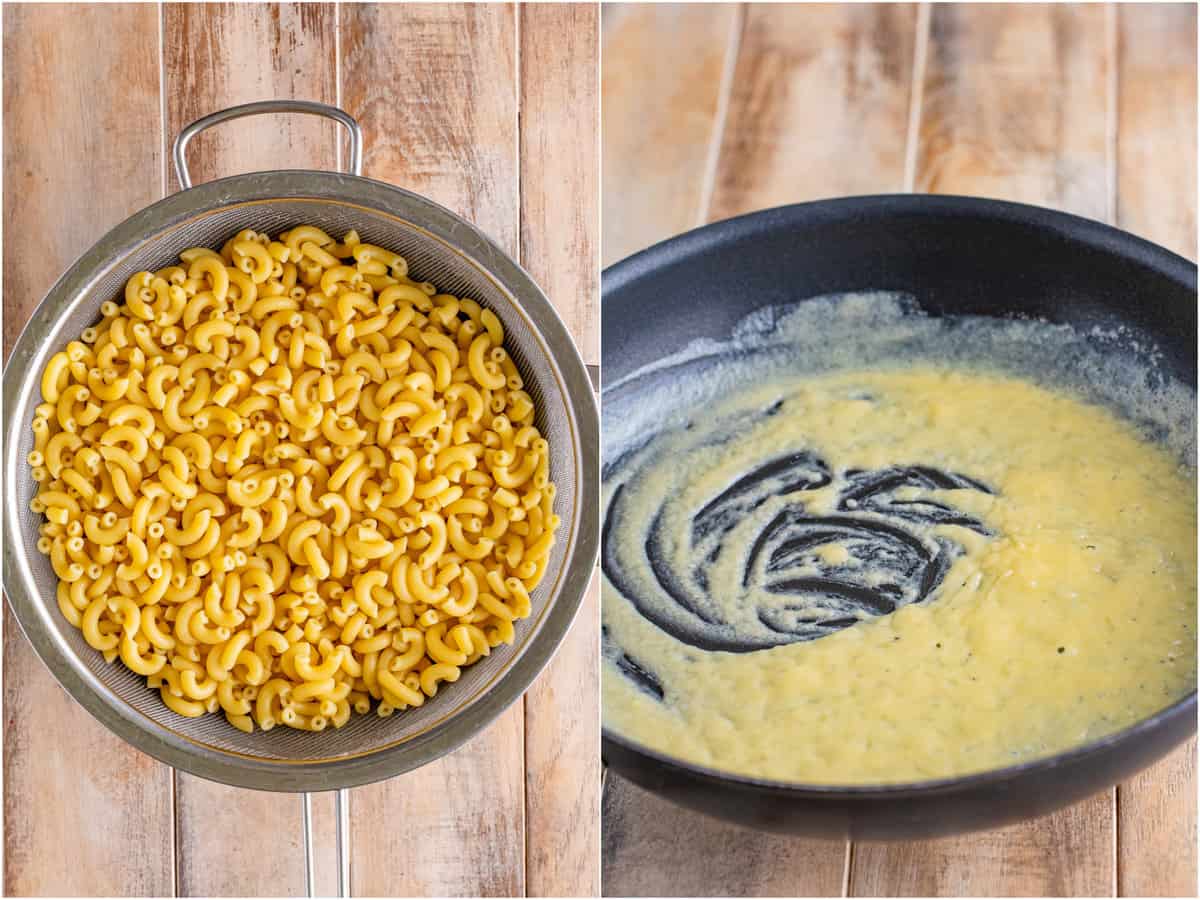 a collage of two photos: drained elbow noodles in a colander; melted butter and flour in a skillet. 