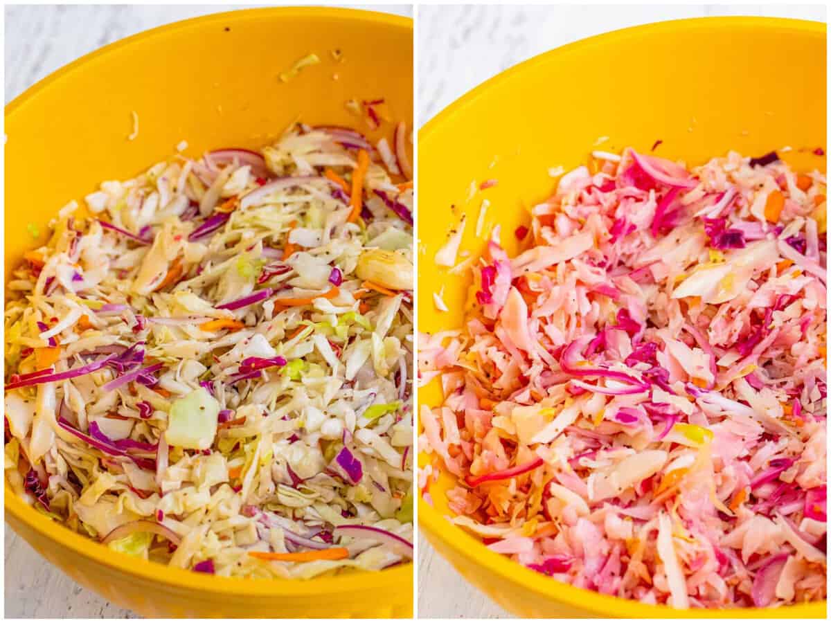 collage of two photos: vinegar coated mixed slaw in a bowl; marinated cole slaw after it has been sitting in the refrigerator for 48 hours. 