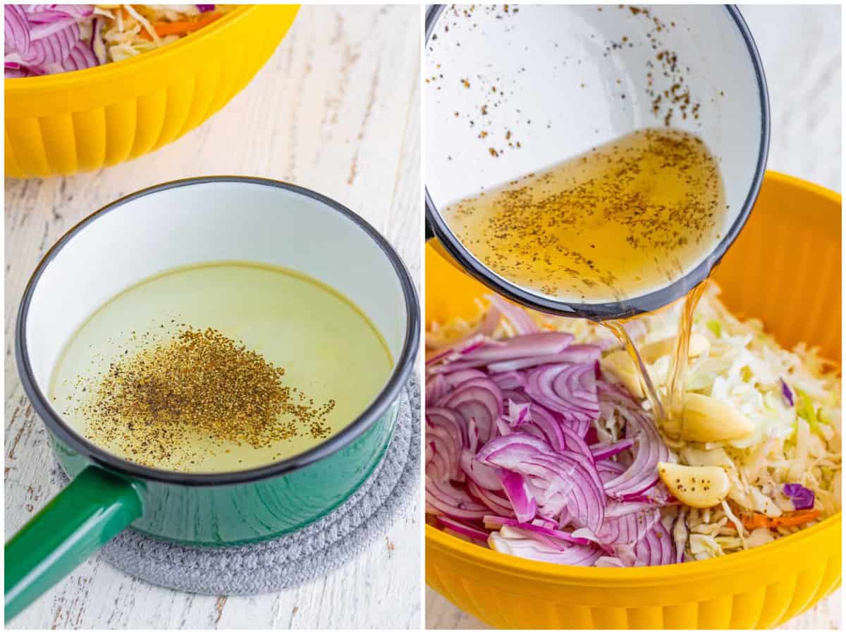 a collage of two photos: A small saucepan with vinegar, sugar, oil, salt, celery seed, and pepper; vinegar mixture being poured on the slaw ingredients.