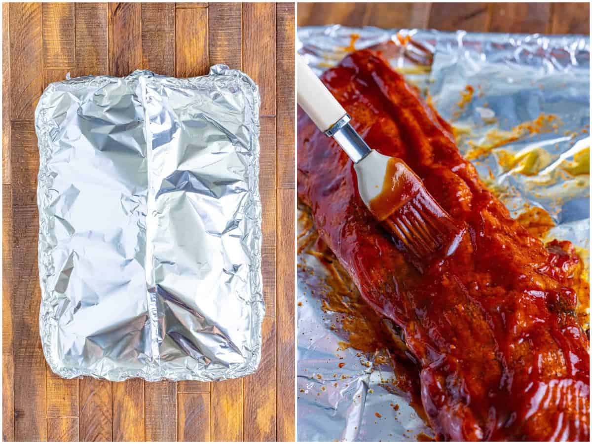 collage of two photos: an aluminum foil covered baking pan; a basting brush brushing on bbq sauce onto baked ribs; 