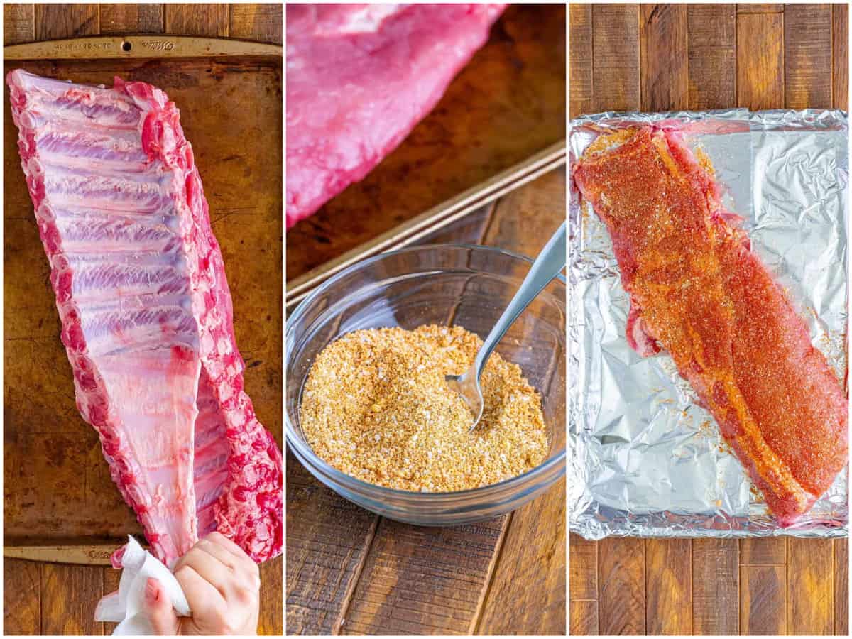 collage of three photos: a hand with a paper towel ripping off the membrane of the back of a rack of ribs; pork rub blend in a small bowl with a spoon; a rack of ribs with spices rubbed on an aluminum foil lined baking sheet.  
