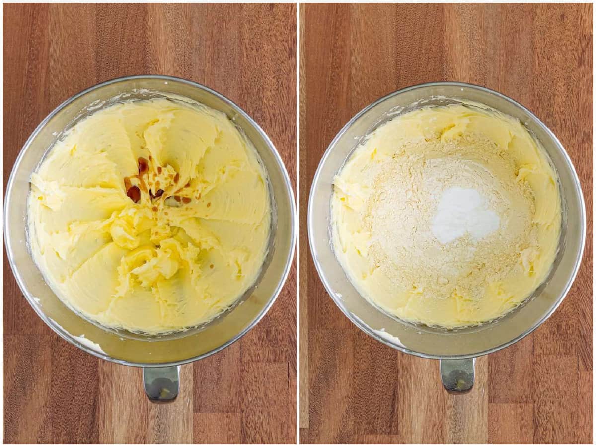 collage of two photos: vanilla a extract pour in with the creamed butter; flour and baking powder added to butter mixture in mixing bowl.