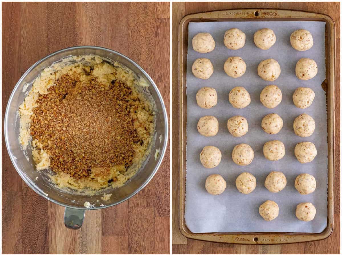 collage of two photos: crushed pecans added to cookie dough batter in mixing bowl; cookie dough balls shown lined up on a cookie sheet. 