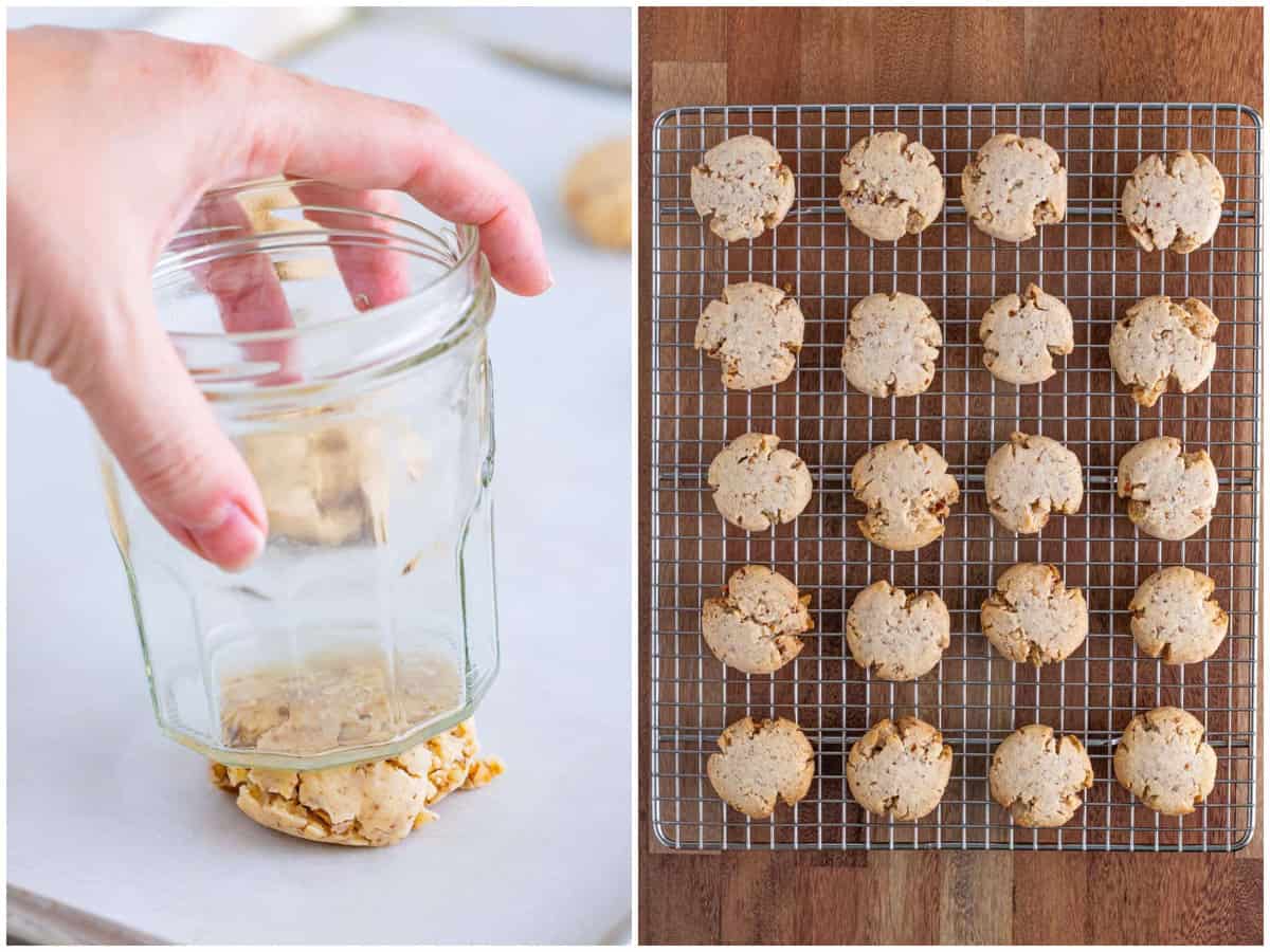 collage of two photos: a glass jar smushing down the cookie dough ball; finished Pecan Sandies cookies cooling on a cooling rack. 