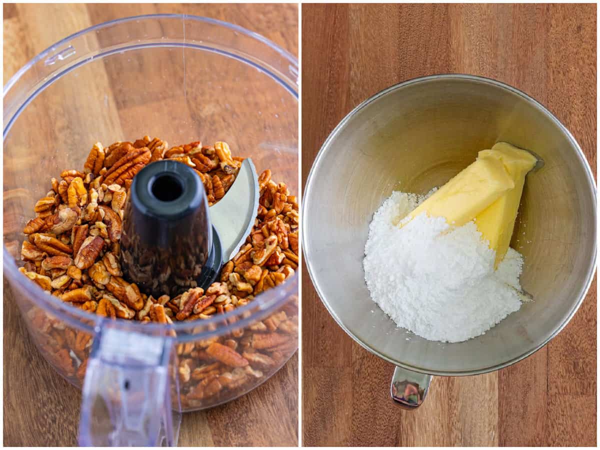 collage of two photos: pecans in a food processor; sticks of butter and powdered sugar in the bowl of a stand mixer. 