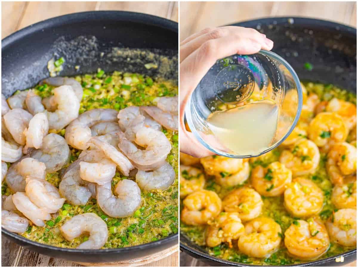 a collage of two photos: raw shrimp added to garlic butter sauce in skillet; lemon juice being poured into a pan of cooked shrimp.