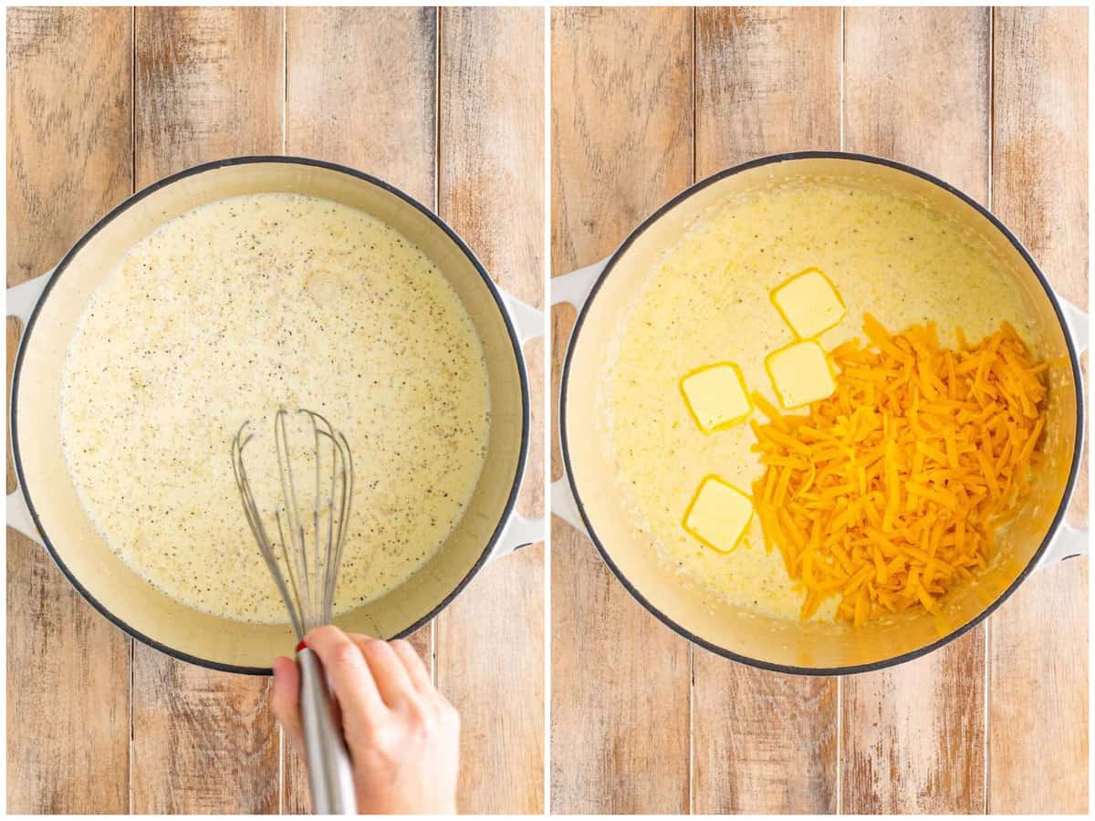 collage of two photos: a dutch oven with chicken broth, cream, grits, salt, and pepper with a whisk; cheese and butter added to grits in a dutch oven.
