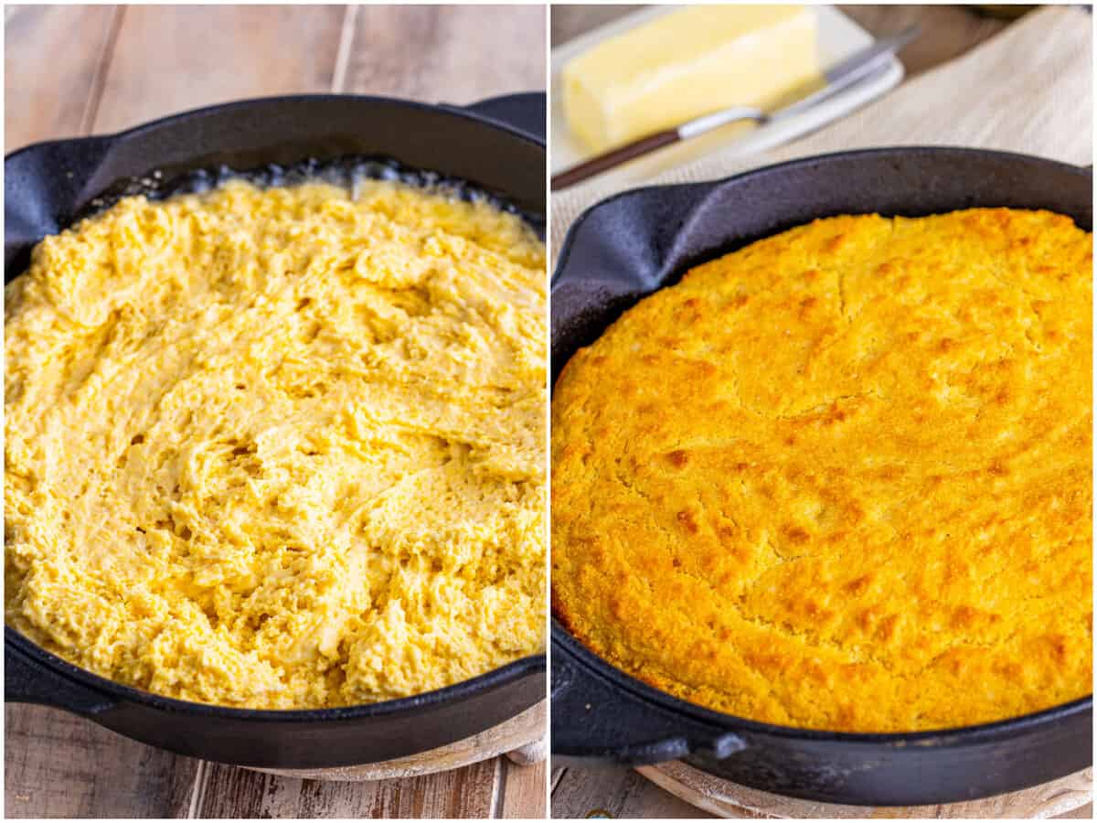 collage of two photos: cornbread batter spread into a cast iron skillet; cornbread completely baked and shown in the cast iron skillet. 