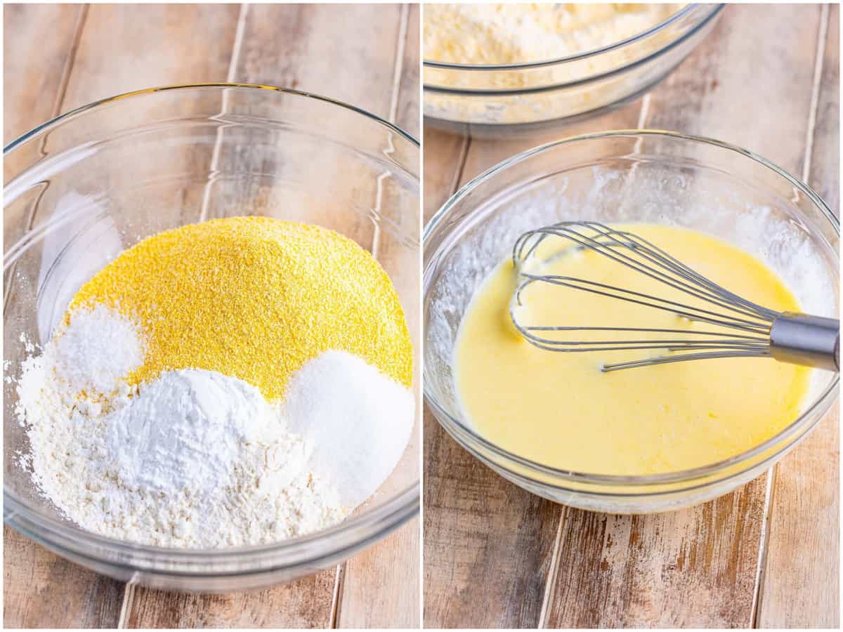 collage of two photos: a small mixing bowl of cornmeal, flour, baking powder, sugar, and salt; A mixing bowl with buttermilk, melted butter, and eggs whisked together.