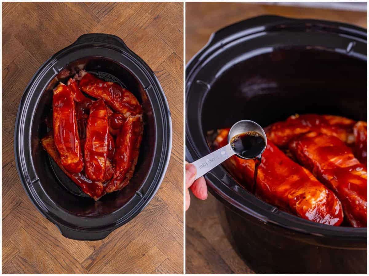collage of two photos: BBQ sauce coated country style ribs in an oval slow cooker; during a little bit of liquid smoke into the slow cooker. 