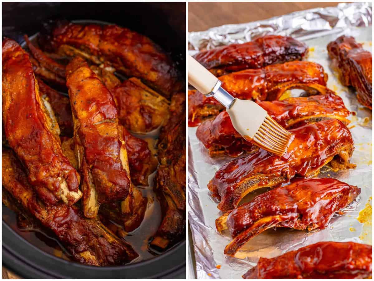 collage of two photos: cooked country style ribs in the slow cooker; a pastry brush rubbing on more bbq sauce on the cooked ribs. 