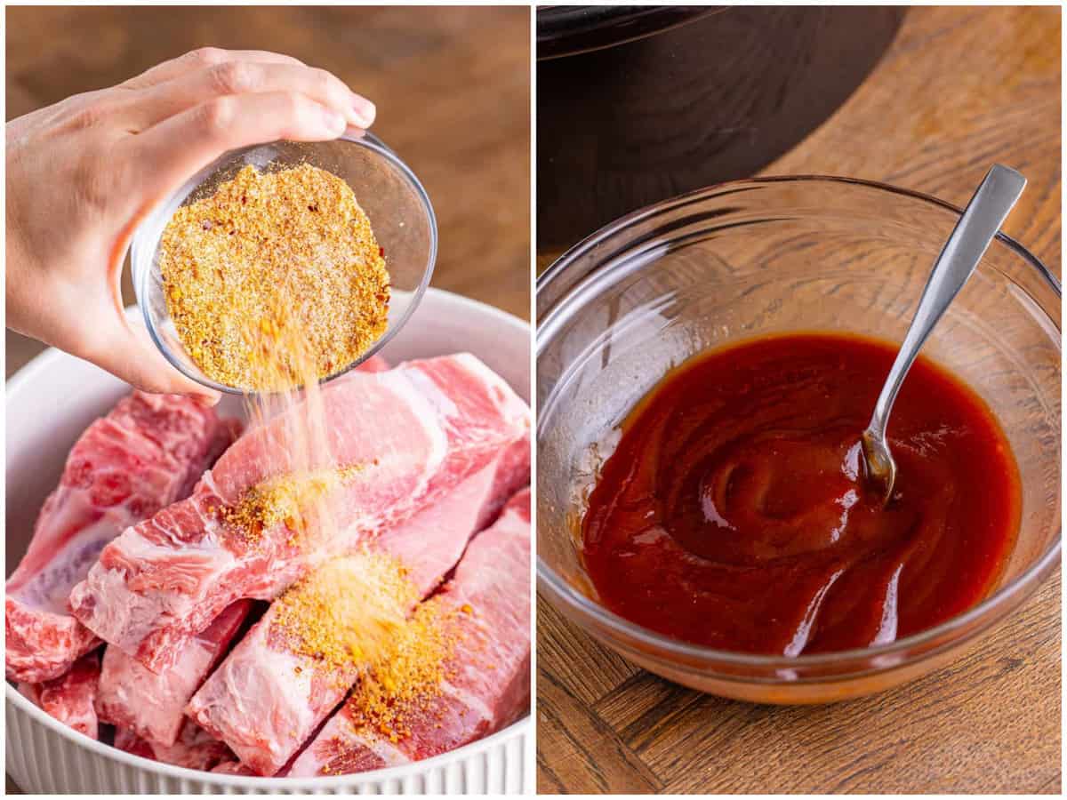 collage of two photos: sprinkling spices over country style ribs in a bowl; a small bowl with BBQ sauce and water being mixed together. 