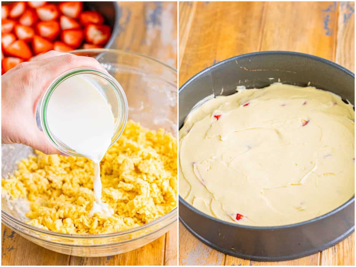 collage of two photos: milk being poured into the cake batter mixture; cake batter on top of strawberry mixture in a springform pan.