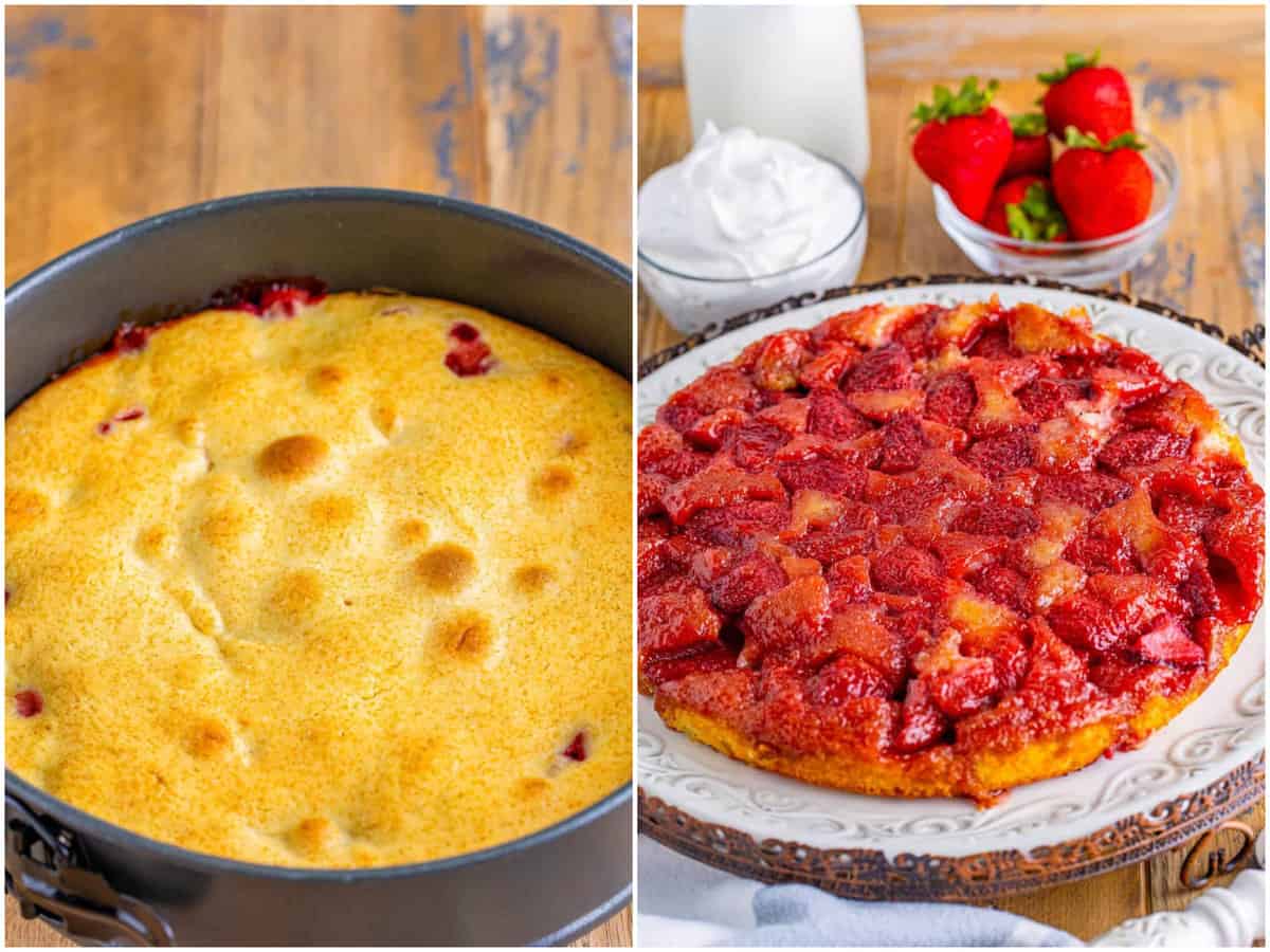 A collage of two photos: a baked upside down cake in a cake pan; a freshly baked Strawberry Upside Down Cake on a serving plate. 