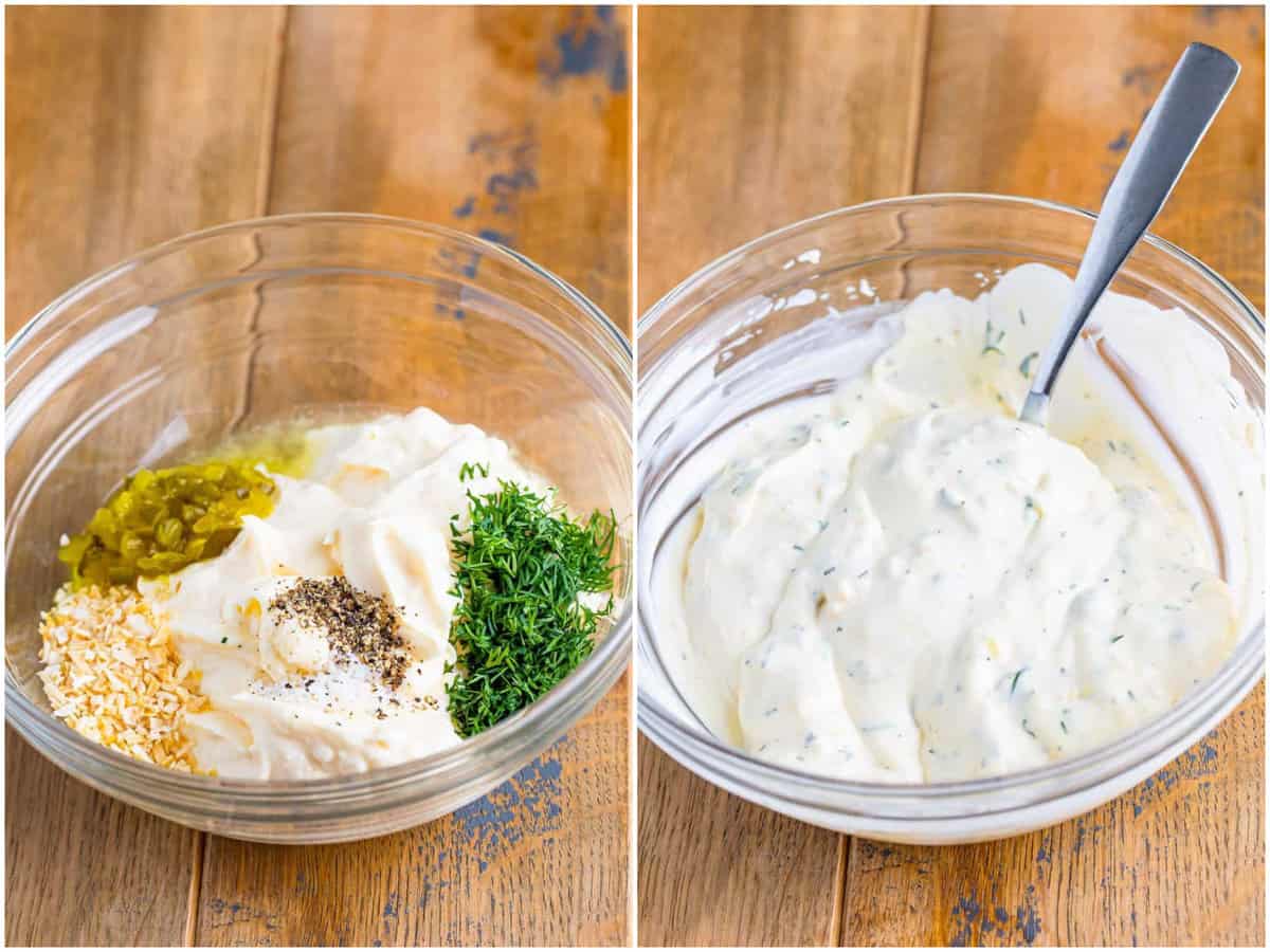 a collage of two photos: a mixing bowl with mayo, minced garlic, dill, sweet pickle relish, salt and pepper; fresh mixed tartar sauce in a clear bowl with a spoon.