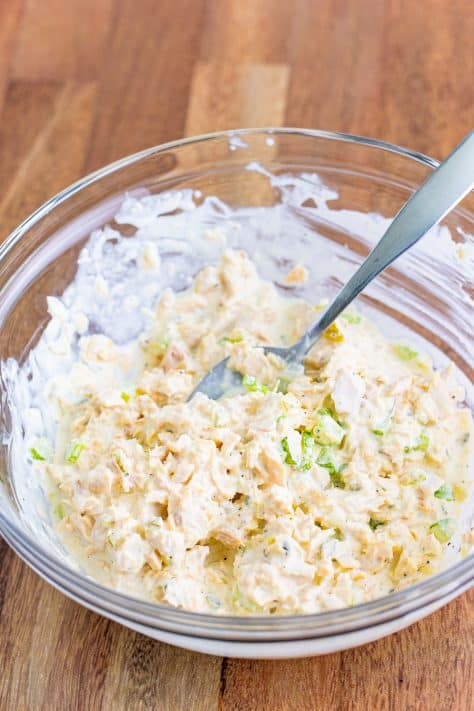 A large mixing bowl with tuna, mayonnaise, sour cream, celery, onion, pickle relish, lemon juice, salt, and pepper.