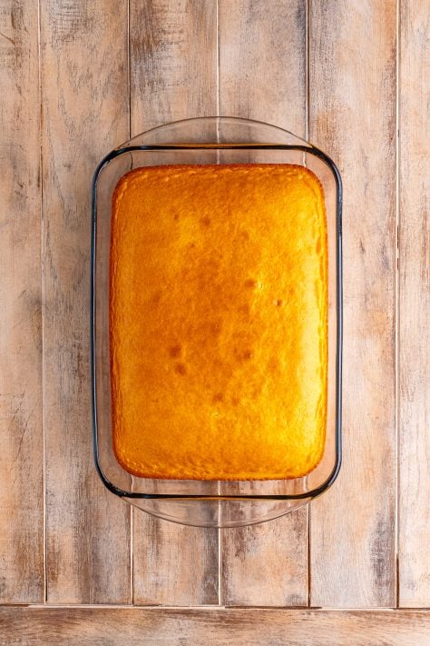 Yellow cake in a baking dish.