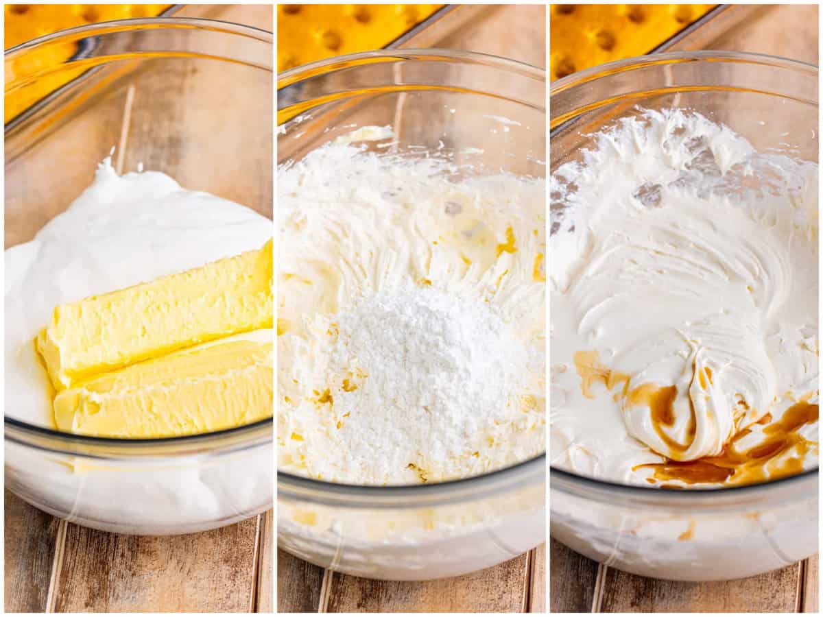 collage of three photos: two sticks of butter and marshmallow fluff in a bowl; powdered sugar added to mix in bowl; vanilla extract added to frosting in bowl. 