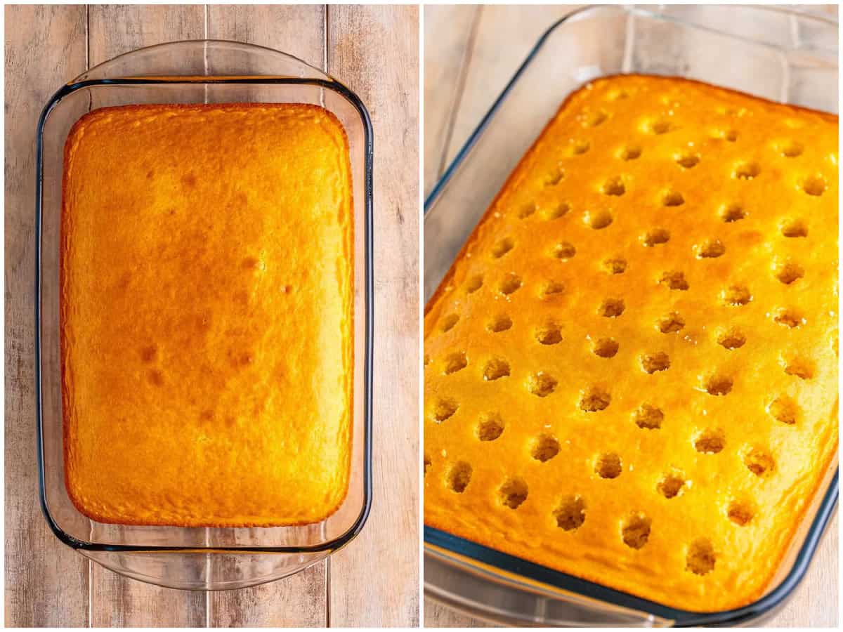 collage of two photos: fully baked yellow cake; cake shown with holes poked in it.
