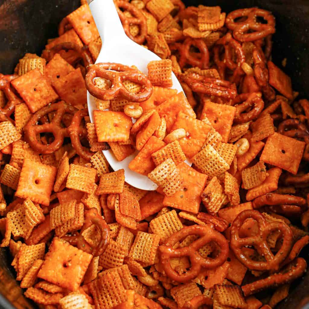 Close up looking at a some Buffalo Ranch Chex Mix.