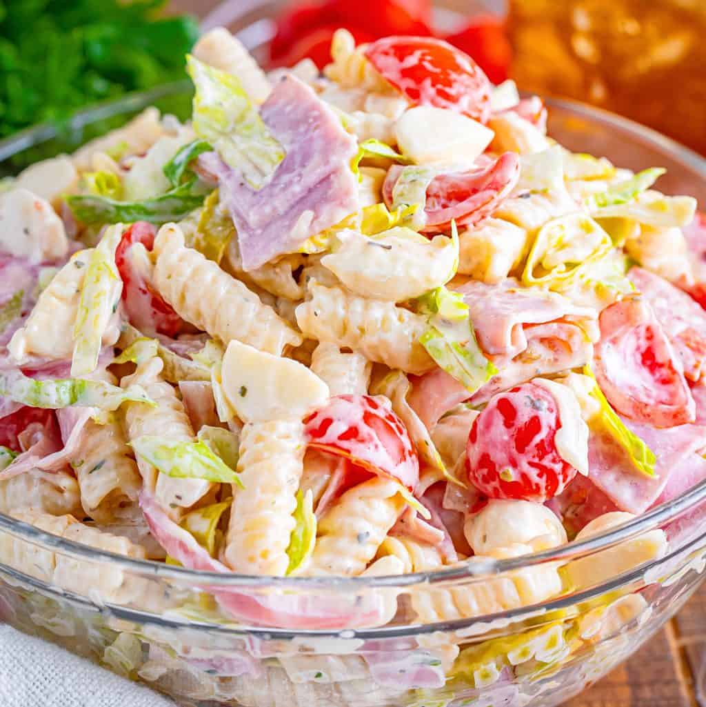 Close up looking at a bowl of Italian Grinder pasta salad.
