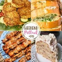 Weekend Potluck featured recipes include: Easy Salmon Patties, Cheesy Stuffed Garlic Bread, Lemon Garlic Chicken Skewers and Pecan Cream Pound Cake.