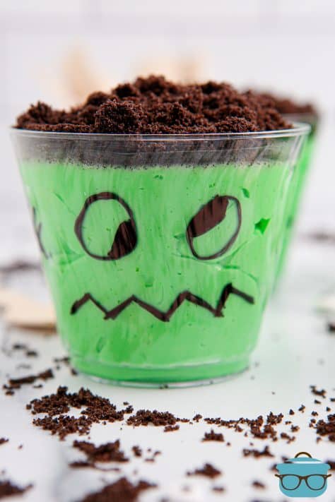 Close up looking at a Frankenstein Pudding Cup.