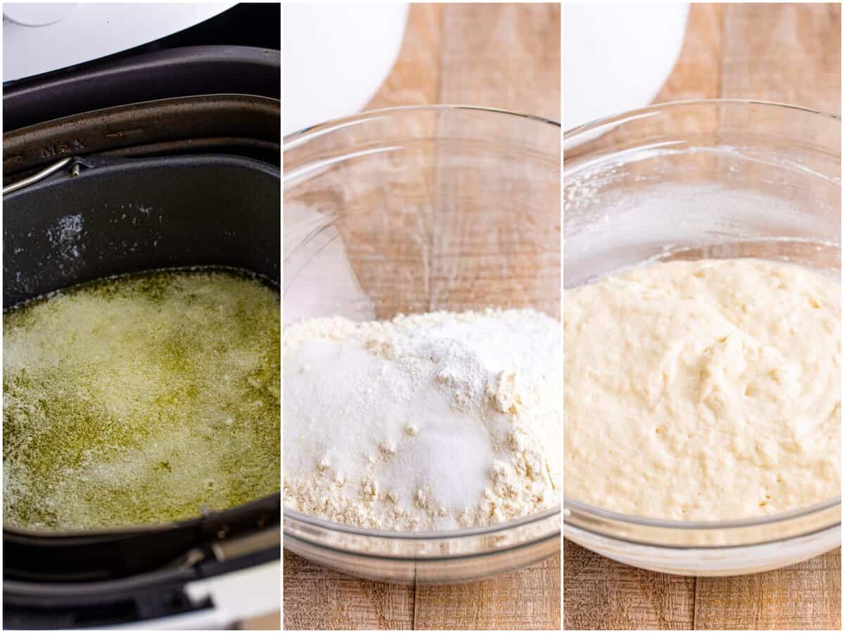 collage of three photos: Melted butter in a baking dish in an air fryer basket; flour and baking powder in a clear bowl; buttermilk mixed with dough in bowl.