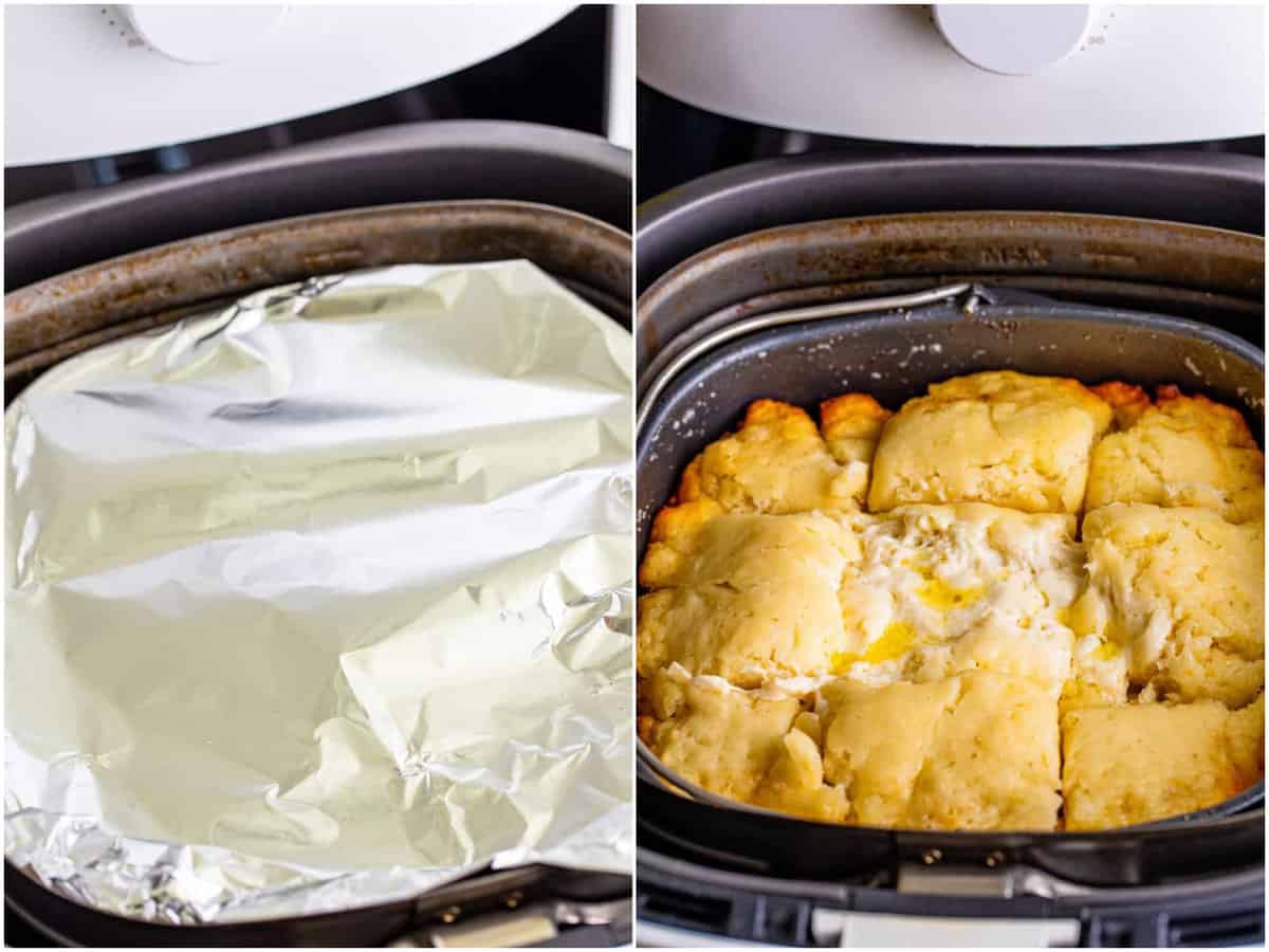 collage of two photos: foil covering air fryer insert, foil removed from covering biscuits but not yet fully baked. 