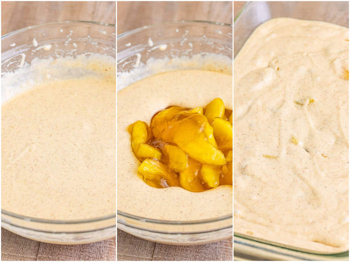collage of three photos: cake batter in a bowl; apple pie filling added to cake batter; cake batter spread into a 9x13-inch pan.