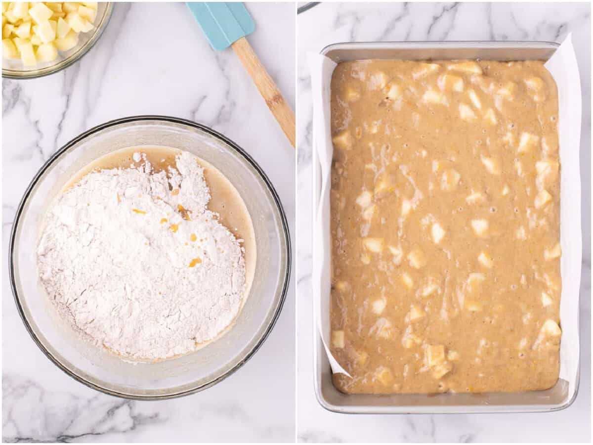 collage of two photos: dry ingredients added to wet ingredients in a bowl; apple spice cake batter spread into prepared baking dish.