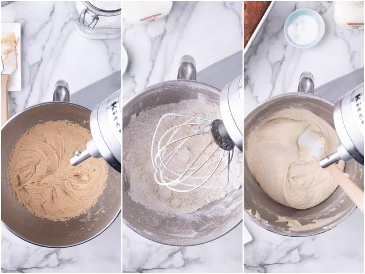 collage of three photos: a mixing bowl with brown sugar and butter; powdered sugar, vanilla extract, a pinch of salt added to bowl; heavy stirred into the rest of the frosting ingredients.