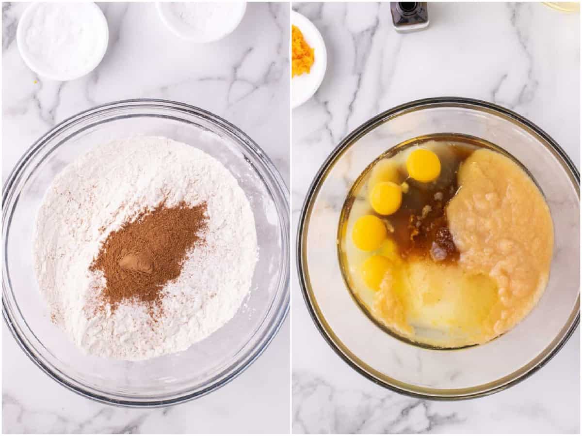 collage of two photos: a mixing bowl with flour, baking powder, baking soda, salt, and pumpkin spice; eggs, vanilla extract, applesauce and orange juice added to a separate bowl.