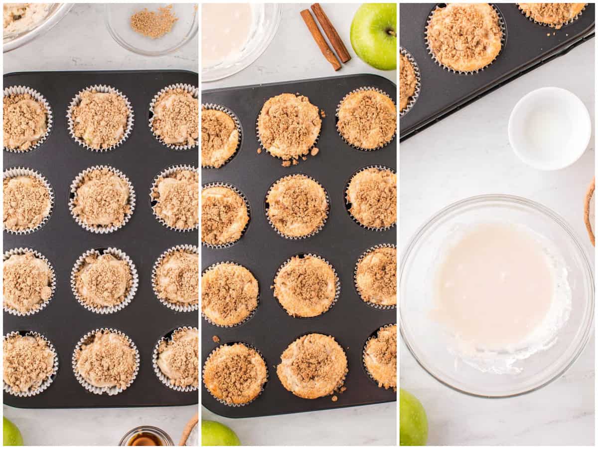 a collage of three photos: muffin batter in a lined muffin tin with streusel topping on top; fresh baked apple crumble muffins still in the muffin tin; a small mixing bowl with  confectioners' sugar, milk, and vanilla extract.