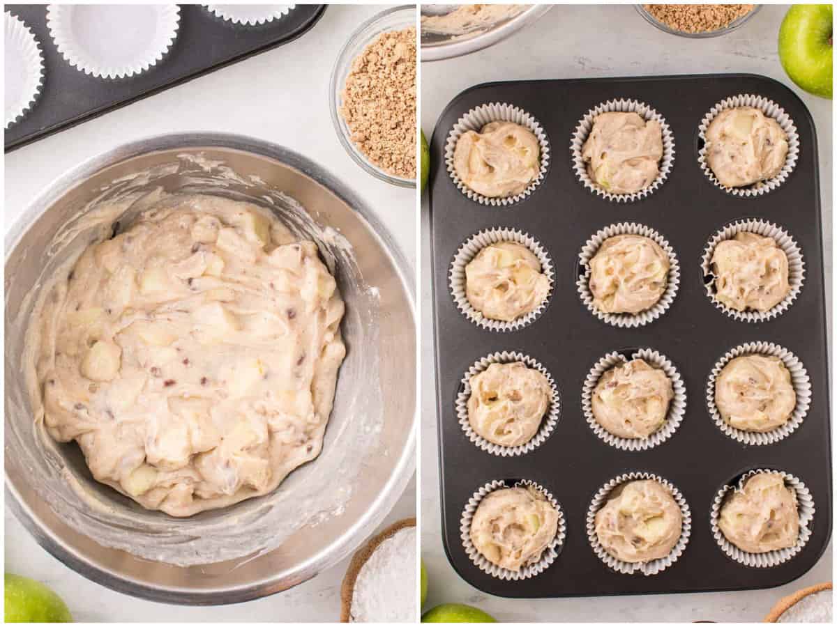 collage of two photos: apple muffin batter in a bowl; apple muffin batter in a muffin tin with paper liners. 