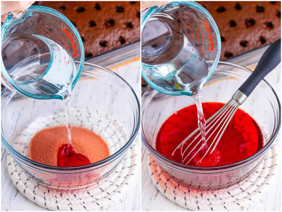 collage of two photos: boiling water being poured over cherry jello in a bowl; cold water being added to jello mix in a bowl. 