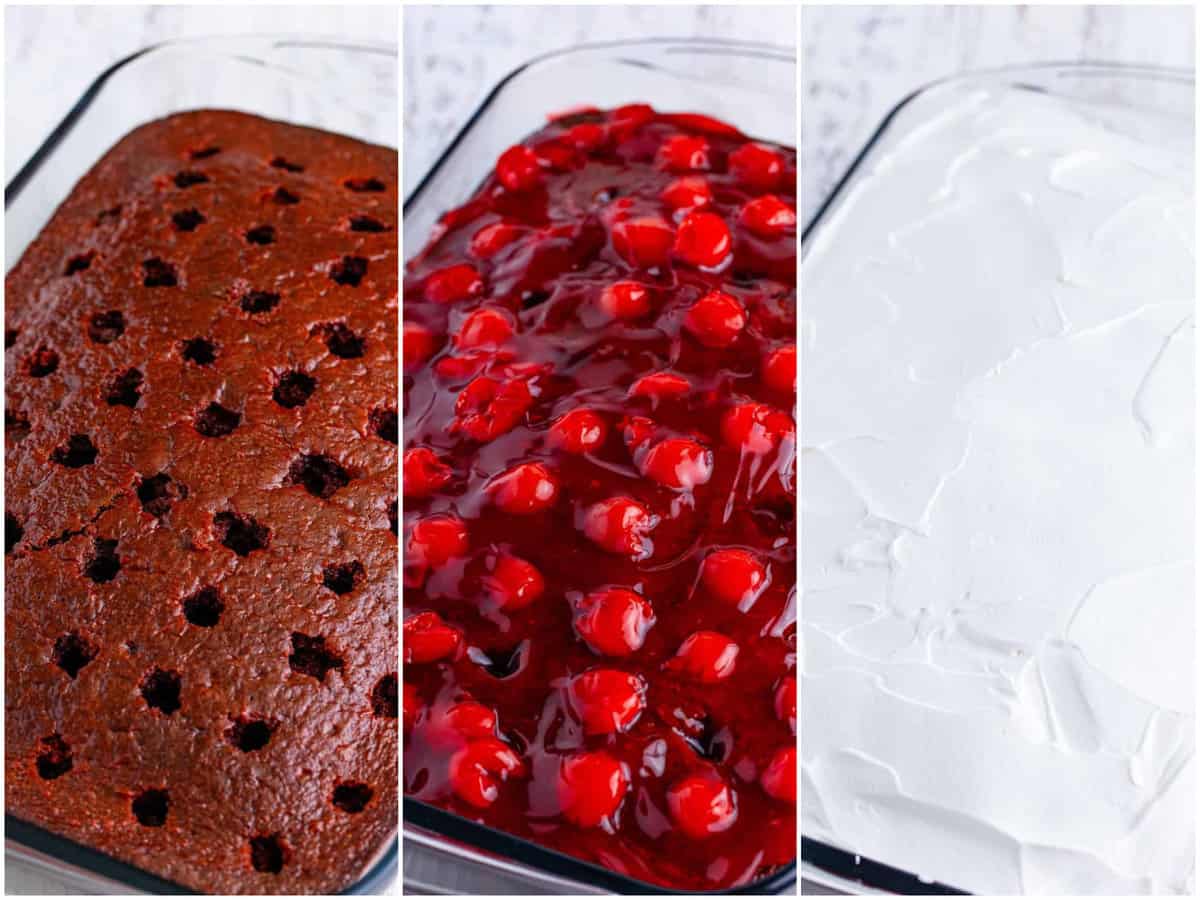 collage of three photos: cherry jell-o poured onto cake with holes; cherry pie filling spread on top of cake; whipped topping spread on top. 