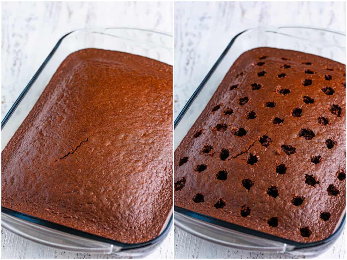 collage of two photos: fully baked chocolate cake in baking dish; holes poked all over cake. 