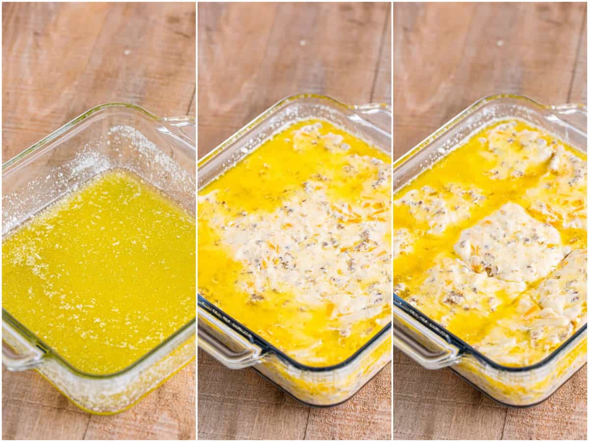 collage of three photos: melted butter in a baking dish; biscuit dough in melted butter in a baking dish; dough cut into 9 squares before baking. 