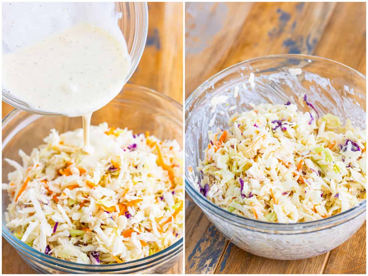 collage of two photos: dressing being poured over cole slaw mix; mixed cole slaw in a bowl. 
