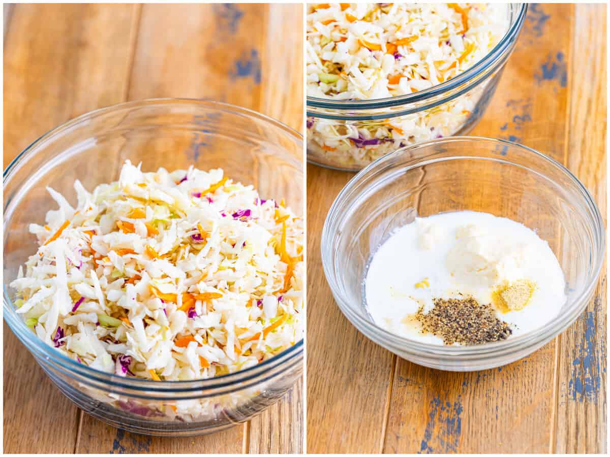 collage of two photos: shredded cole slaw mix in a bowl; cole slaw dressing ingredients in a small bowl. 