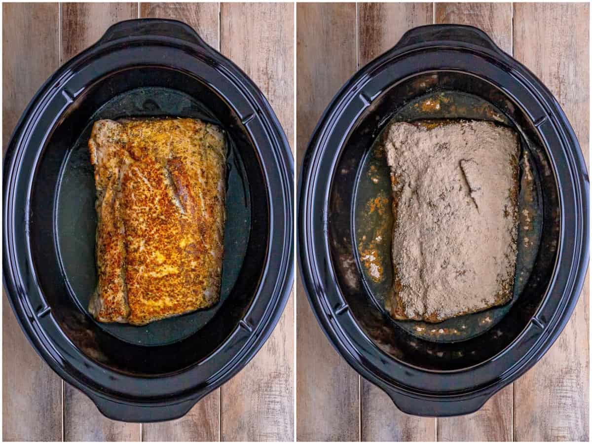 collage of two photos: seasoned pork loin in a slow cooker; gravy mix sprinkled over a pork loin in a crockpot.