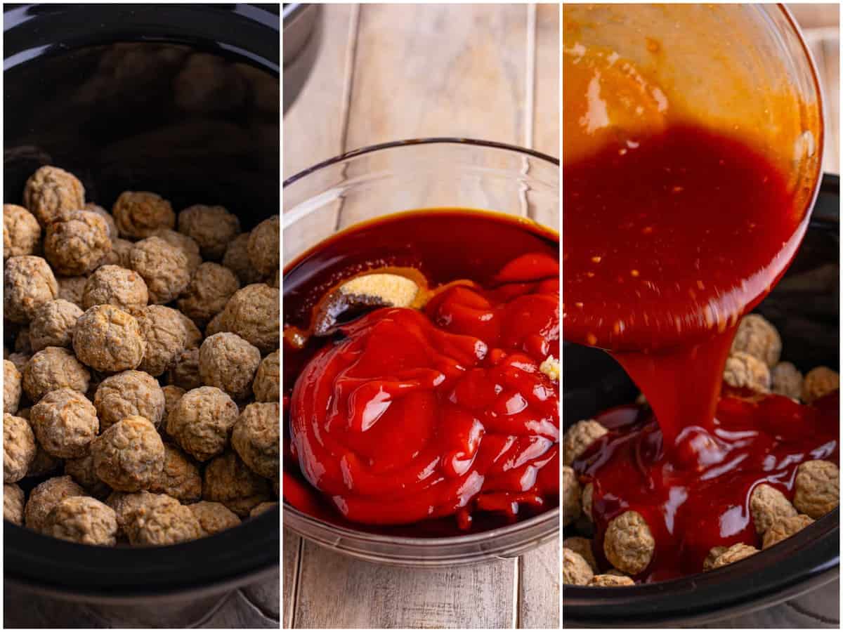 collage of three photos: frozen meatballs in a slow cooker; honey garlic sauce being mixed in a bowl; honey garlic sauce being poured over meatballs in the slow cooker.