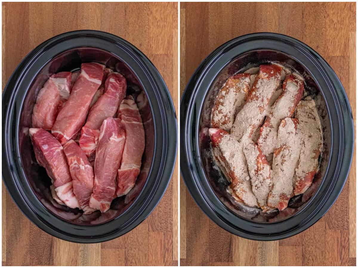 collage of two photos: boneless country style ribs in a slow cooker; au just powder sprinkled over the country ribs. 